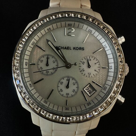 Michael Kors MK5079 Chronograph White Ivory Acrylic Bracelet Watch Crystal Bezel - Picture 7 of 8